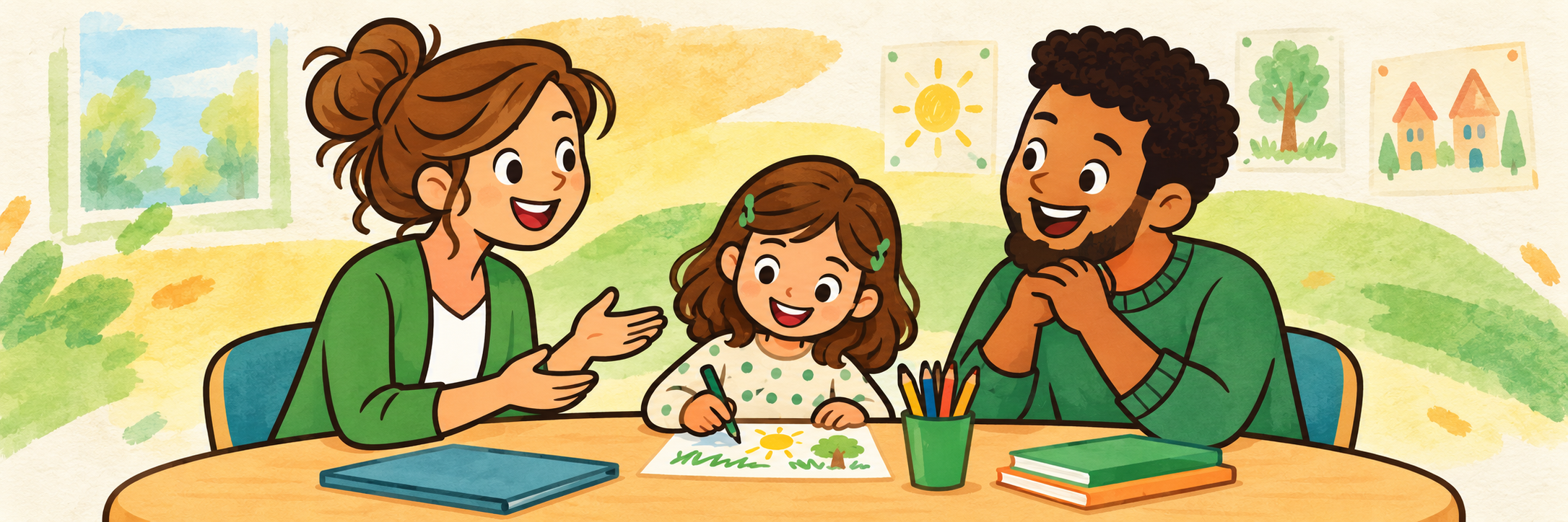 Een leerkracht en ouder in gesprek in de klas